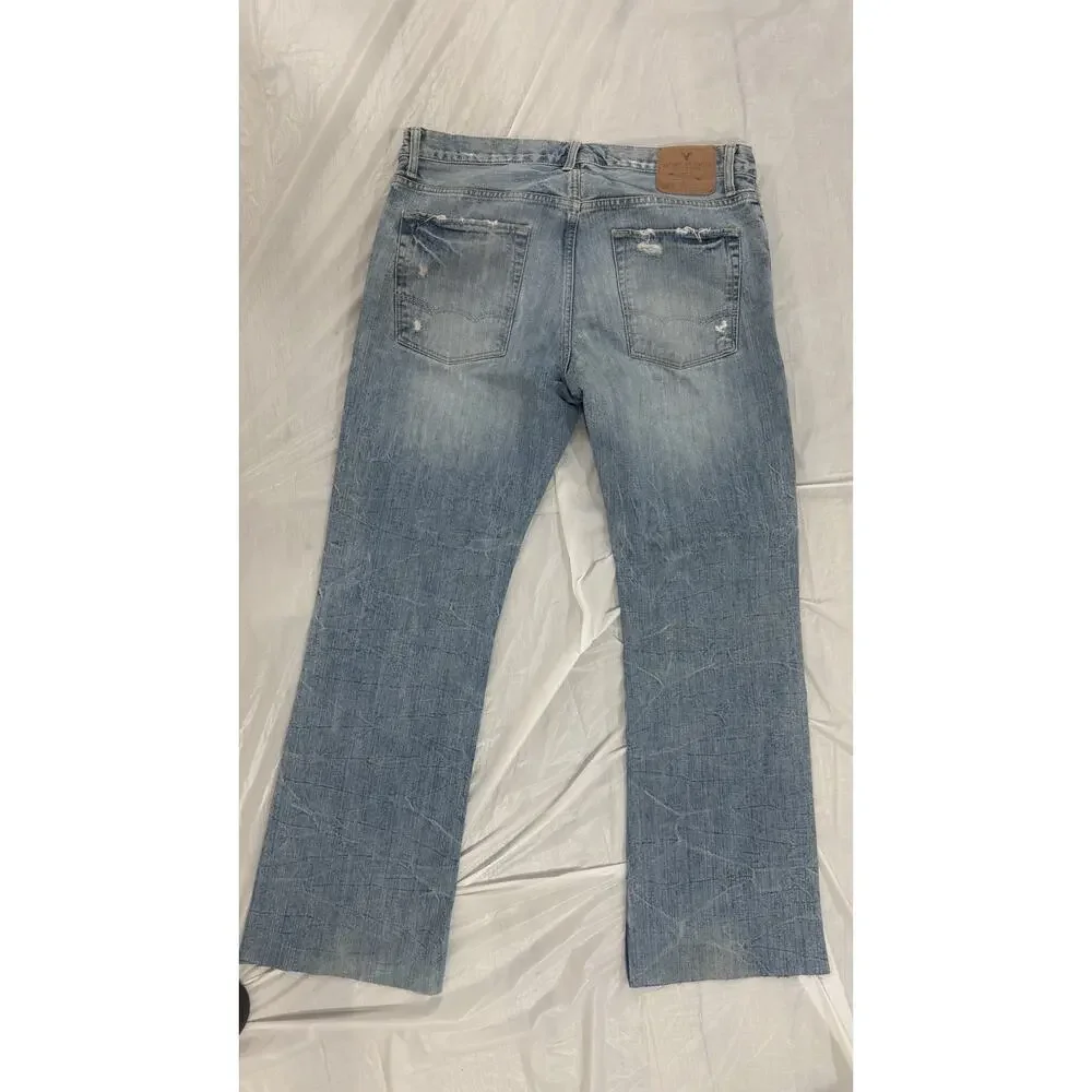 American Eagle Jeans Mens 34x34 Light Wash Boot Cut No Hem Button Fly